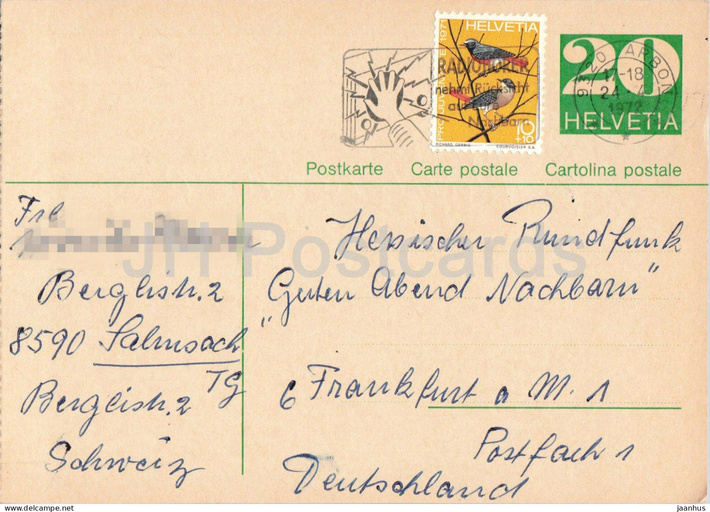 Guten Abend Nachbarn - Hessischer Rundfunk - postal stationery - 91 - 1972 - Switzerland - used - JH Postcards
