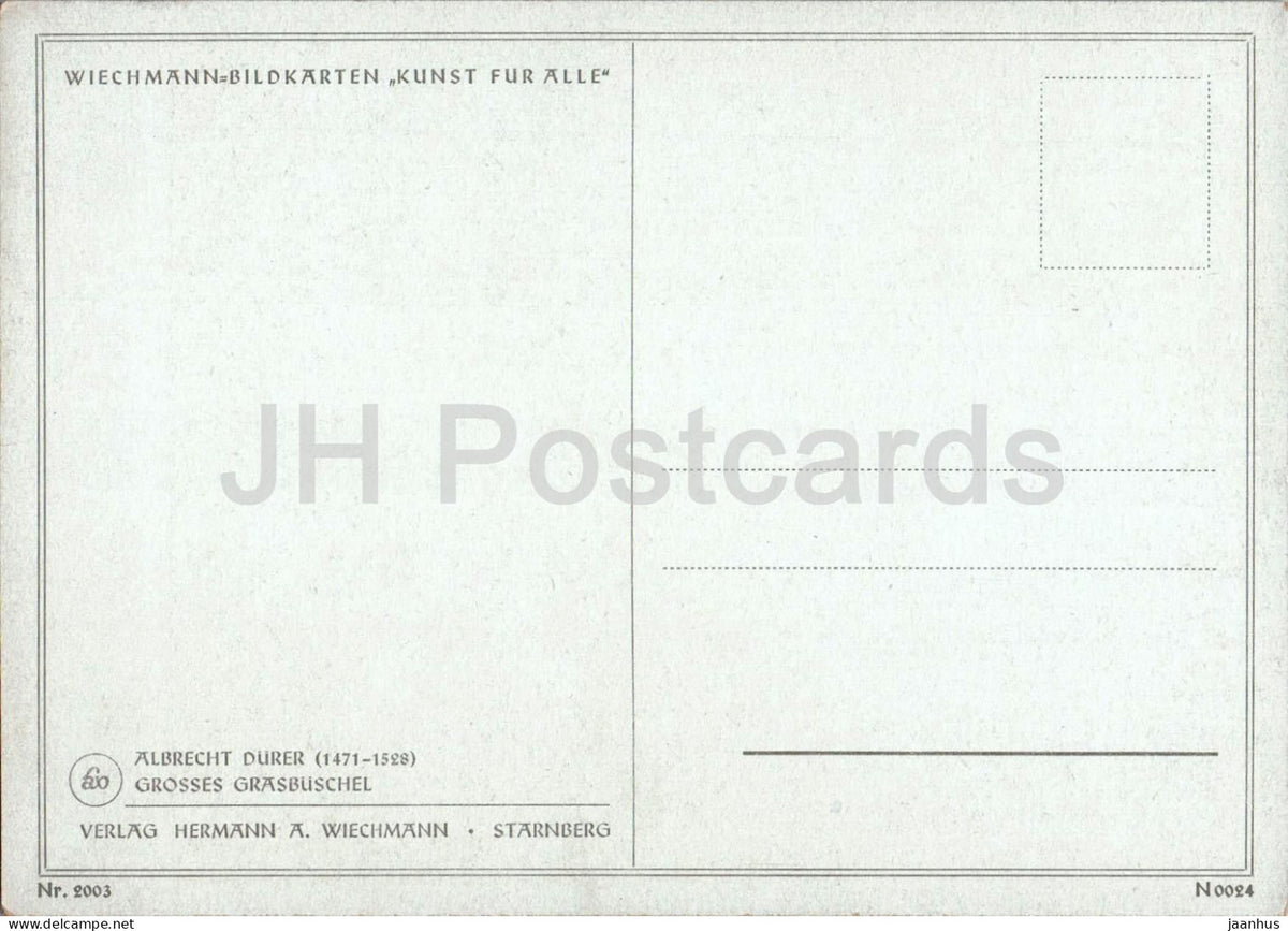 watercolor by Albrecht Durer - The Great Piece of Turf - Grosses Grasbuschel - old postcard - 1930s - Germany - unused