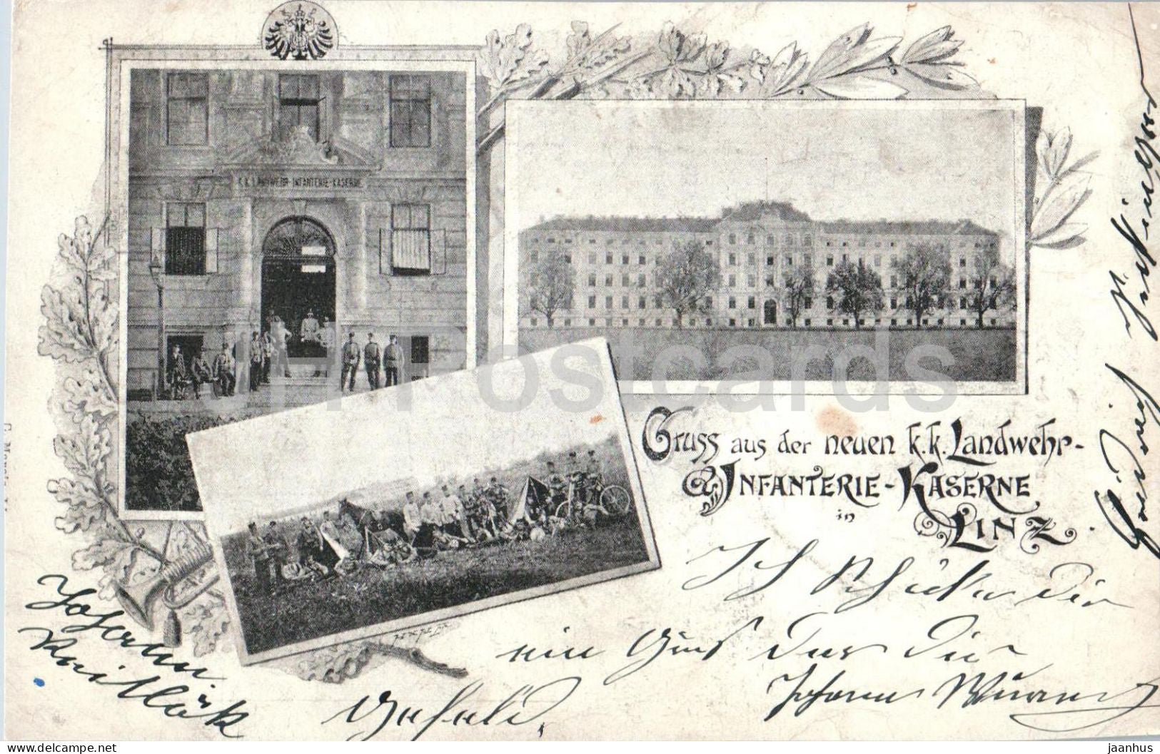 Gruss aus der neuen k.k. Landwehr Infanterie Kaserne in Linz - military - old postcard - 1899 - Austria - used - JH Postcards
