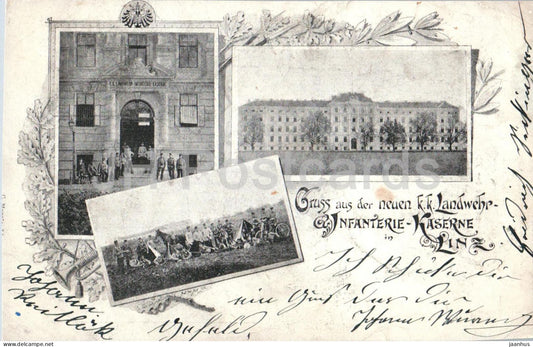 Gruss aus der neuen k.k. Landwehr Infanterie Kaserne in Linz - military - old postcard - 1899 - Austria - used - JH Postcards