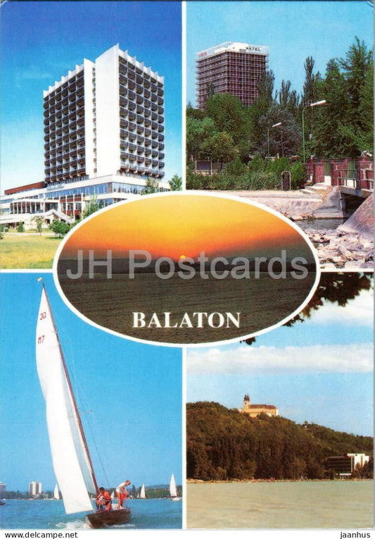 Greetings from Lake Balaton - sailing boat - hotel - multiview - 1991 - Hungary - used - JH Postcards