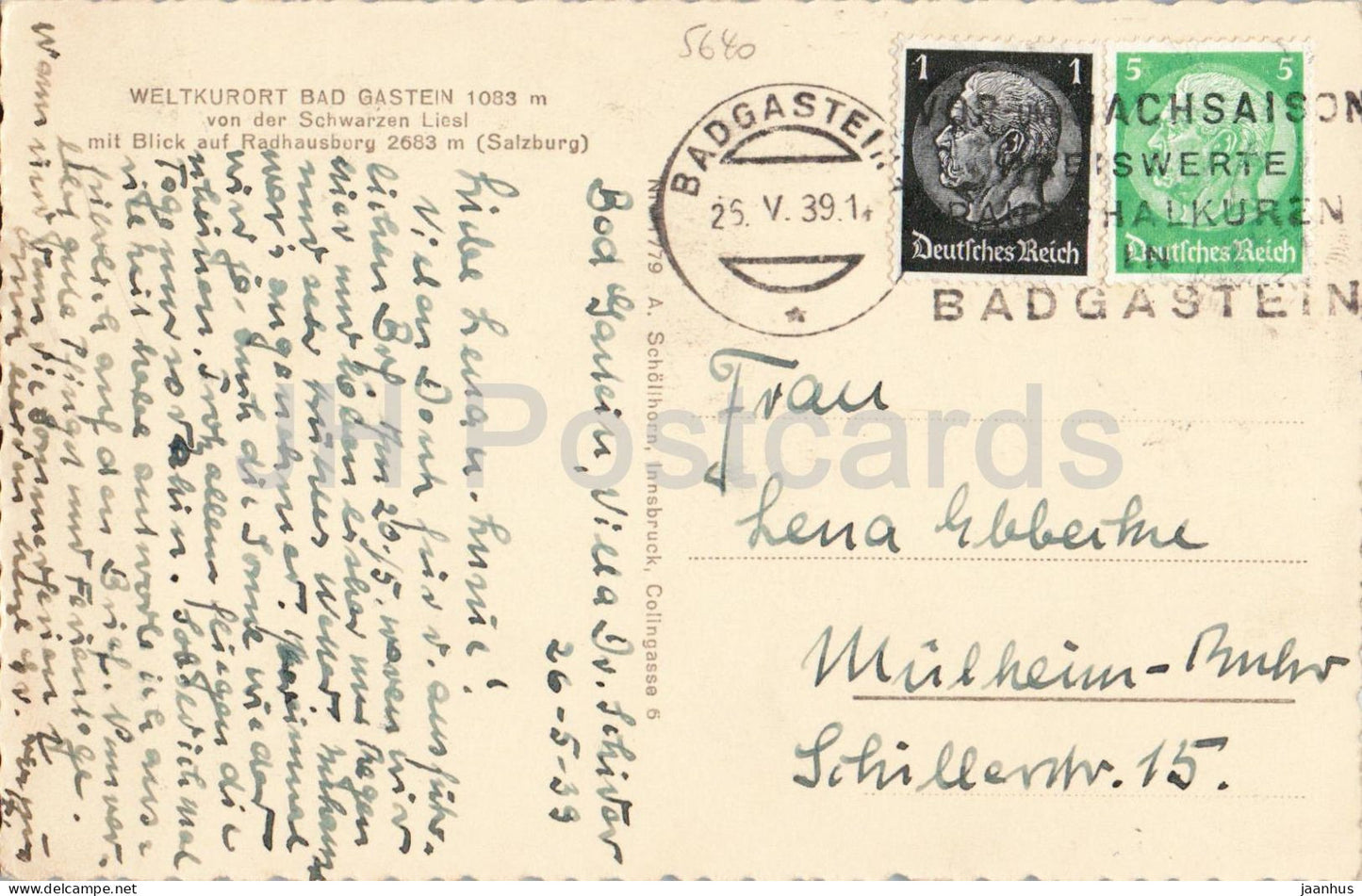 Weltkurort Bad Gastein 1083 m von der Schwarzen Liesl - Radhausberg - 1939 - Austria - used