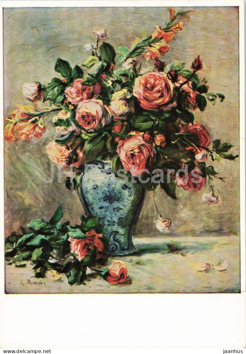Auguste Renoir - Bouquet of Roses - flowers - painting - French art - art postcard - botanical - 1980s - France - used - JH Postcards