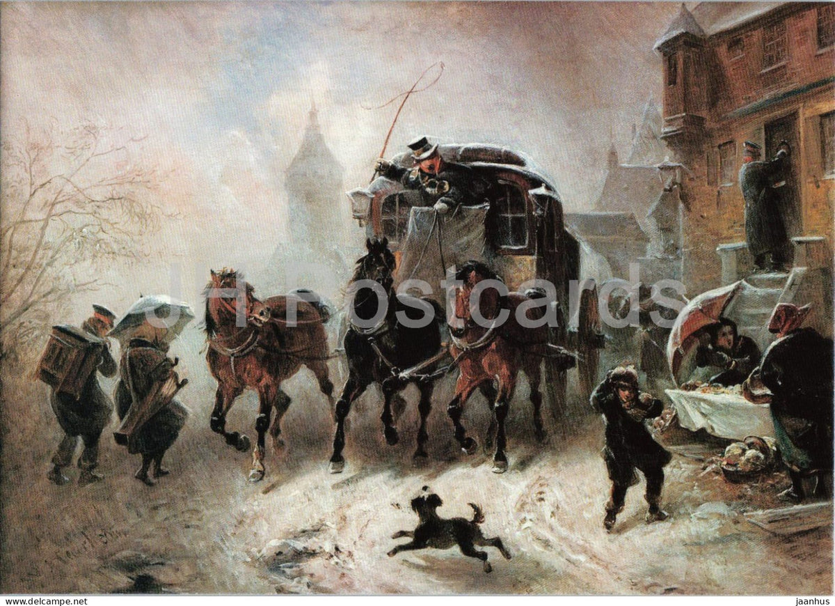 painting by Wilhelm Alexander Meyerheim - Travelling in Winter - Winter Reisende - horse - 1983 - Germany - unused - JH Postcards