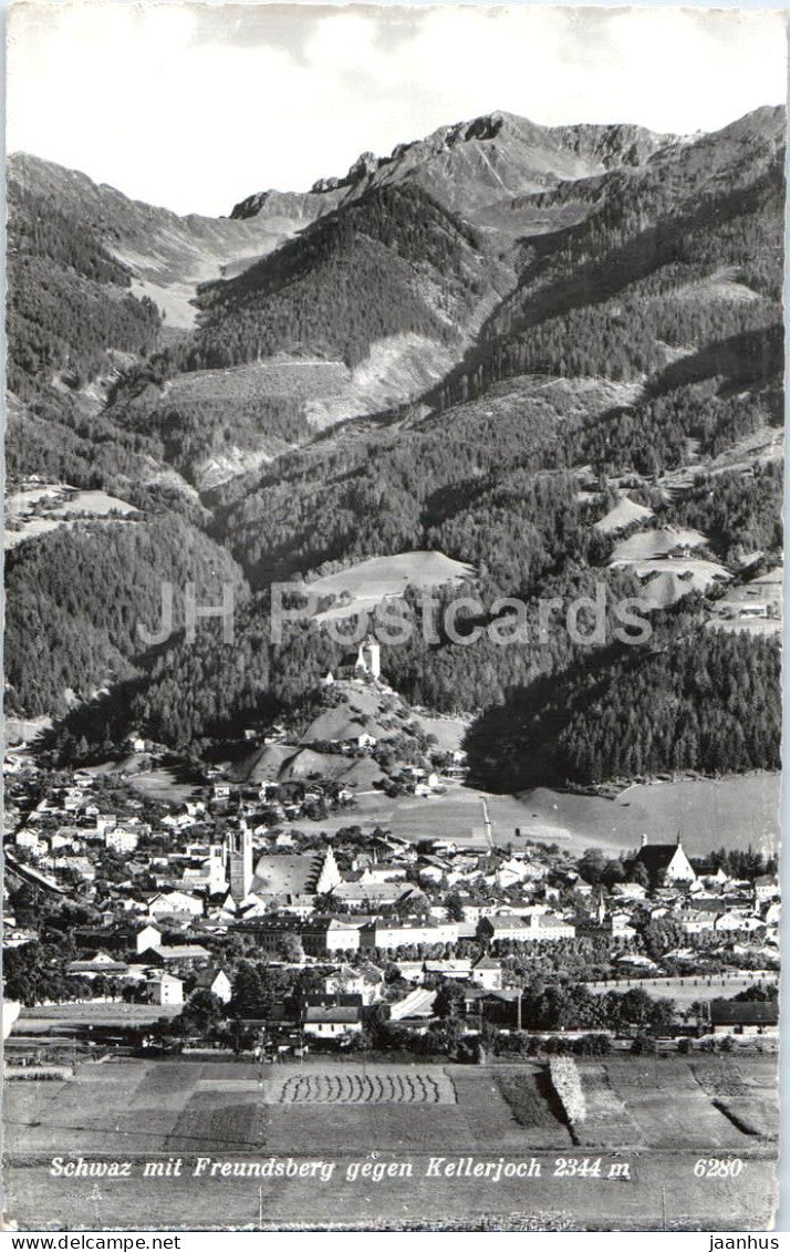 Schwaz mit Freundsberg gegen Kellerjoch 2344 m - town view - mountains - Alps - 6280 - 1960s - Austria - used - JH Postcards
