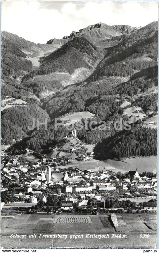 Schwaz mit Freundsberg gegen Kellerjoch 2344 m - town view - mountains - Alps - 6280 - 1960s - Austria - used - JH Postcards