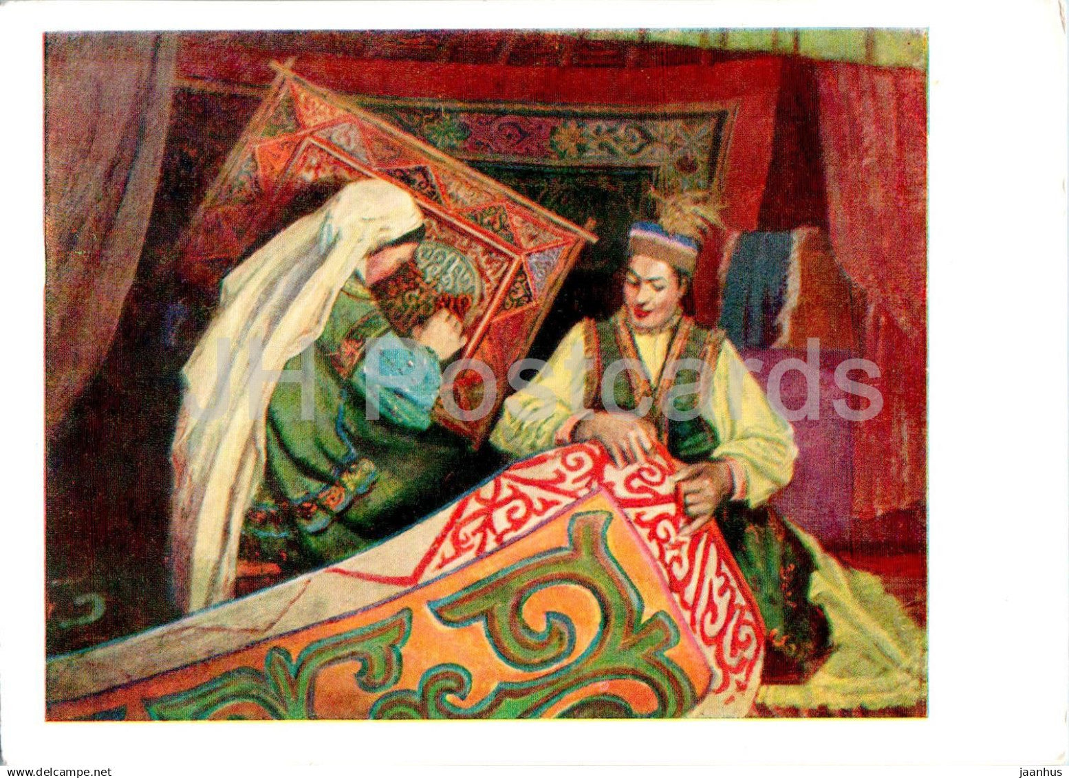 painting by Nyam Osoryn Tsultem - Carpet weavers - woman - folk art - Mongolian art - 1959 - Russia USSR - unused - JH Postcards