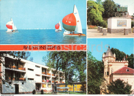 Lake Balaton - Balatonszemes - sailing boat - hotel - multiview - 1977 - Hungary - used - JH Postcards