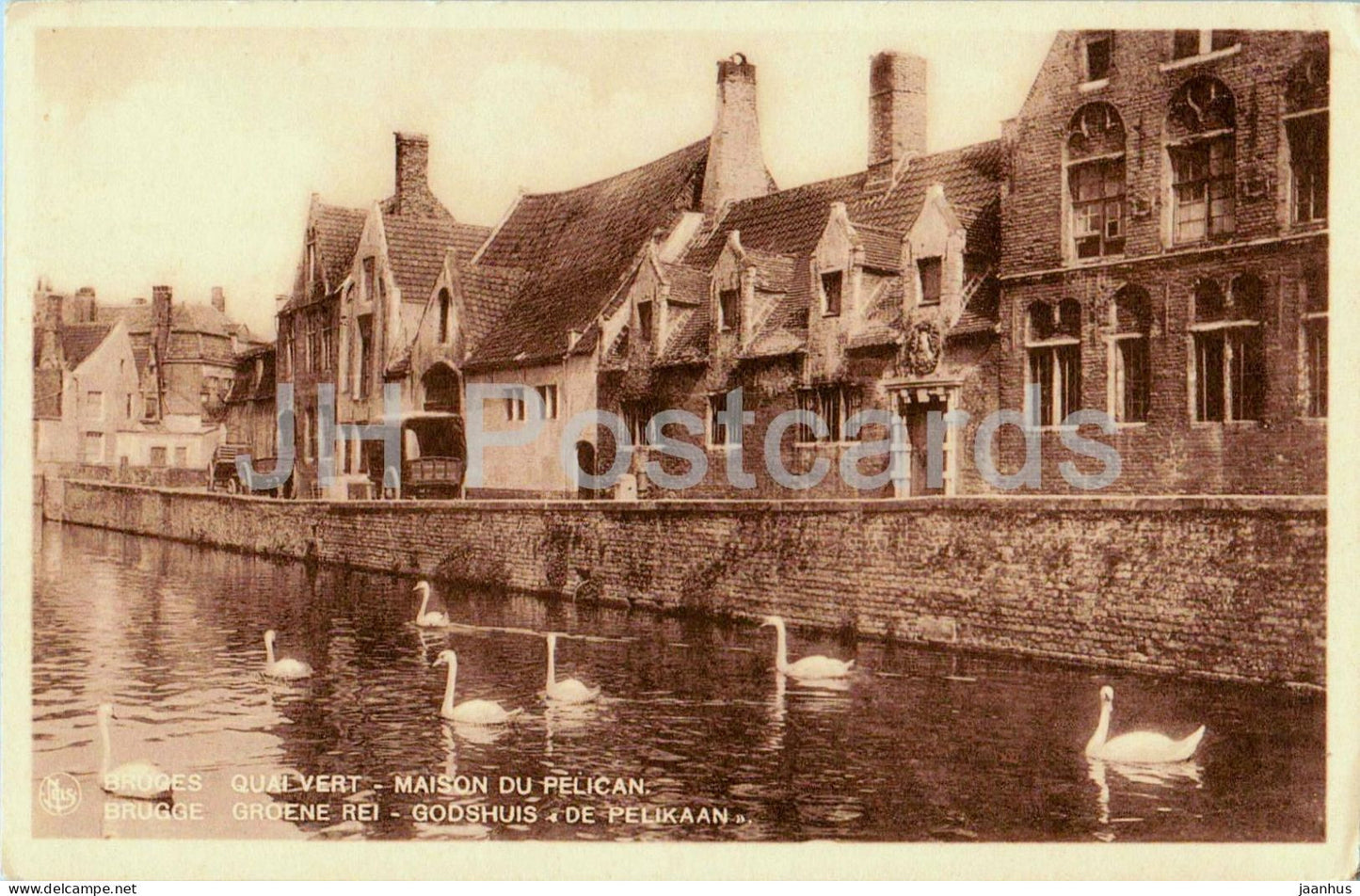 Bruges - Brugge - Quai Vert - Maison du Pelican - swan - birds - 25 - old postcard - Belgium - unused - JH Postcards