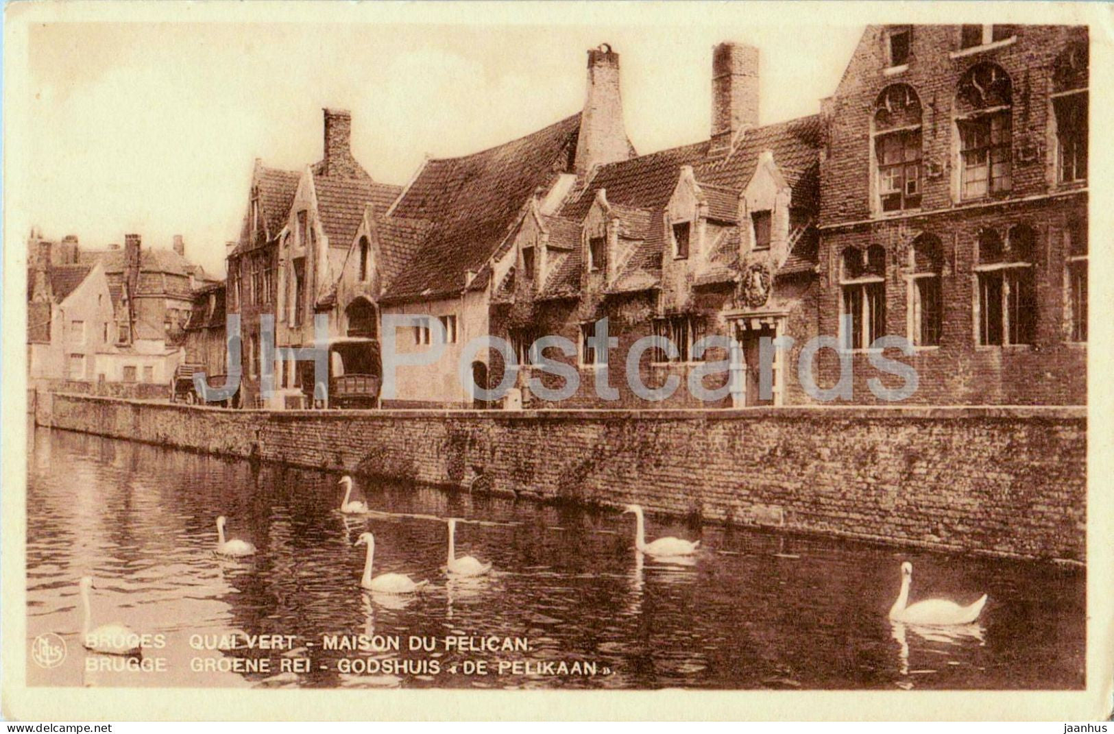 Bruges - Brugge - Quai Vert - Maison du Pelican - swan - birds - 25 - old postcard - Belgium - unused - JH Postcards