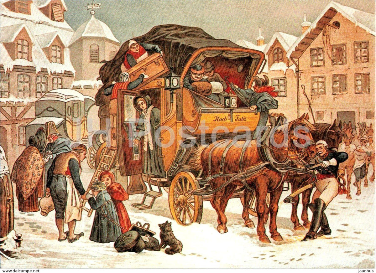 mail coach in Frankfurt am Main around 1840 - Postkutsche - horse - dog - illustration  501-10 - 1983 - Germany - unused - JH Postcards