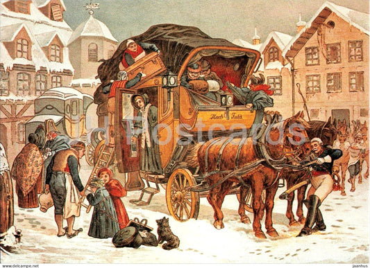 mail coach in Frankfurt am Main around 1840 - Postkutsche - horse - dog - illustration  501-10 - 1983 - Germany - unused - JH Postcards
