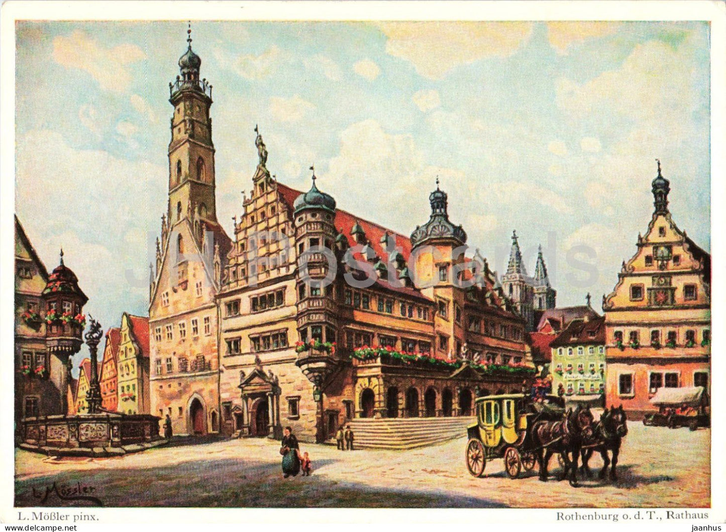 painting by L. Mossler - Rothenburg o d Tauber town hall - Neue Reise auf alte Weise horse German art - Germany - unused - JH Postcards