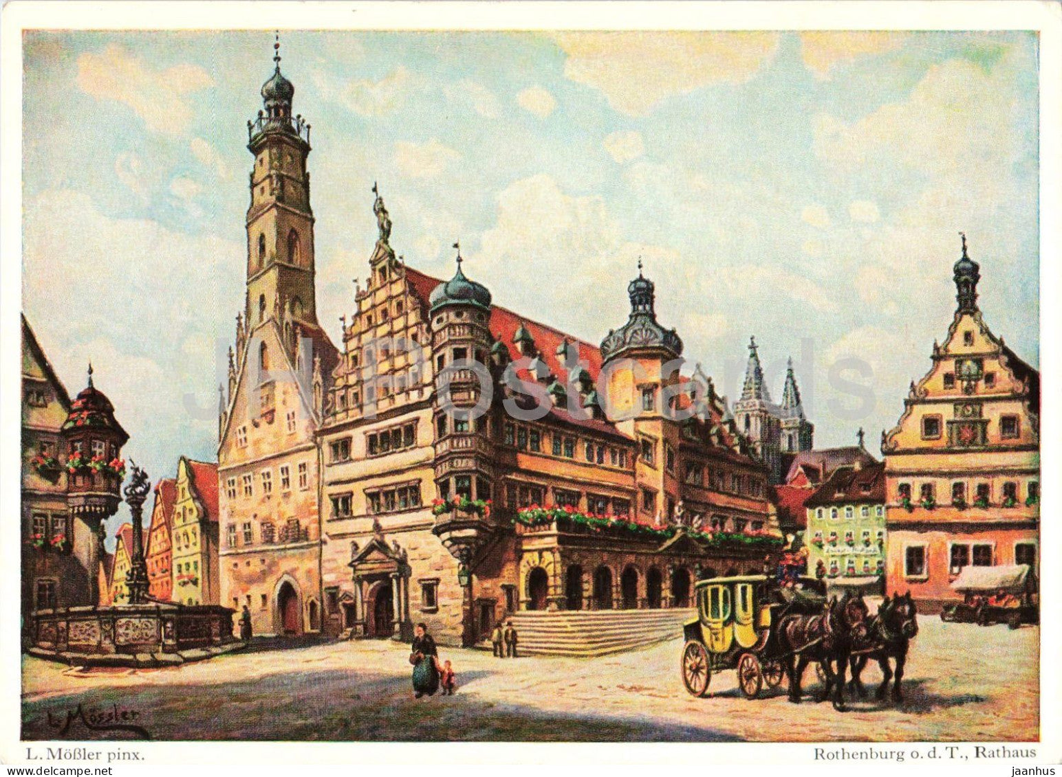 painting by L. Mossler - Rothenburg o d Tauber town hall - Neue Reise auf alte Weise horse German art - Germany - unused - JH Postcards