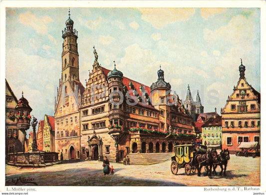painting by L. Mossler - Rothenburg o d Tauber town hall - Neue Reise auf alte Weise horse German art - Germany - unused - JH Postcards