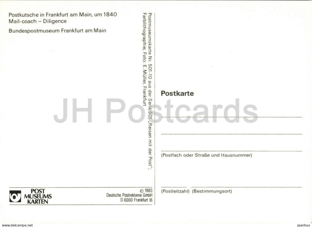 mail coach in Frankfurt am Main around 1840 - Postkutsche - horse - dog - illustration  501-10 - 1983 - Germany - unused