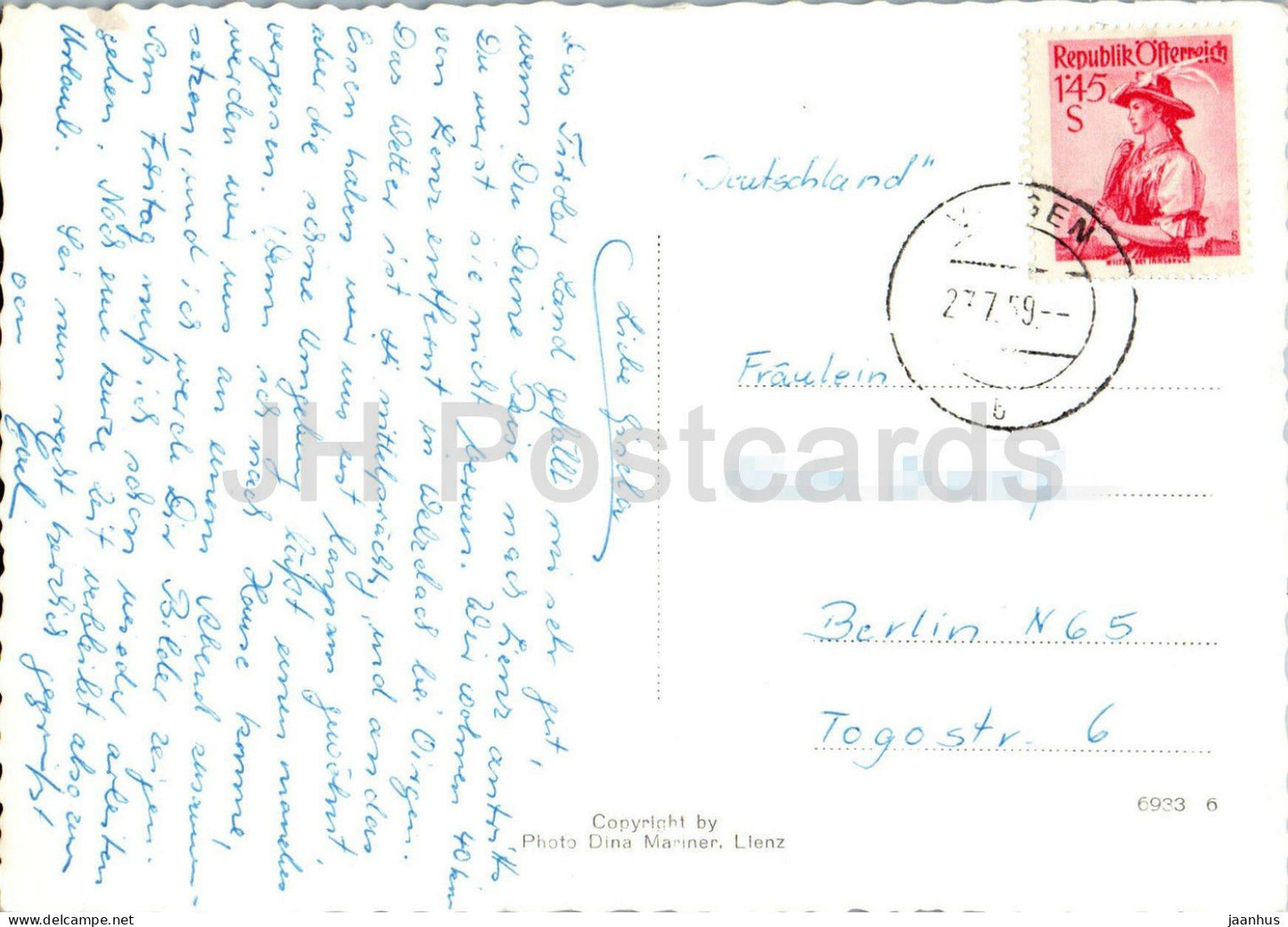 Iselsberg mit den Dolomiten - Dorfstraße - Berge - Alpenlandschaft - 6933 - alte Postkarte - 1959 - Österreich - gebraucht