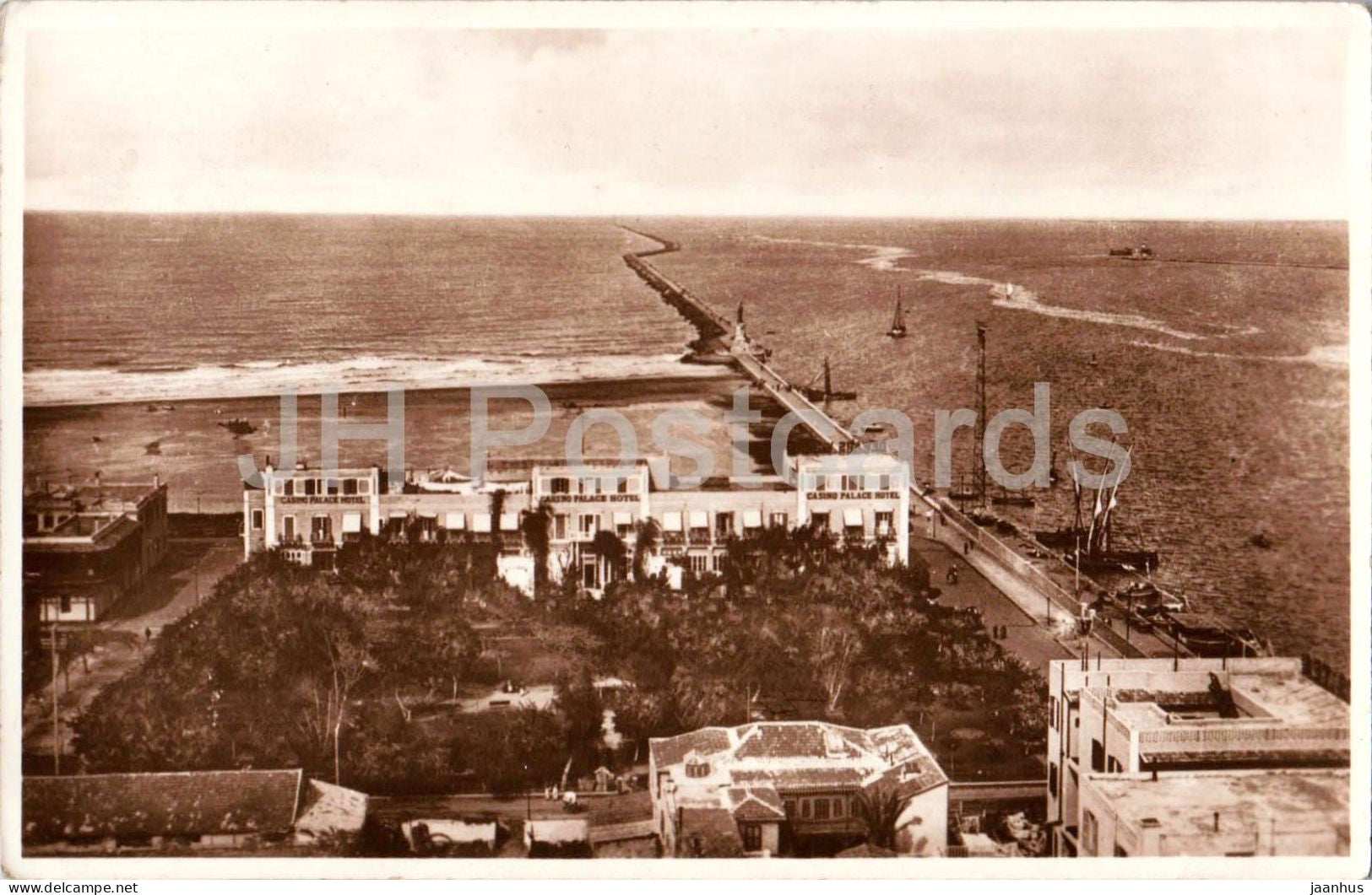 Port Said - Casino and Breakwater - hotel sea pier - 102 - old postcard - 1950s - Egypt - used - JH Postcards