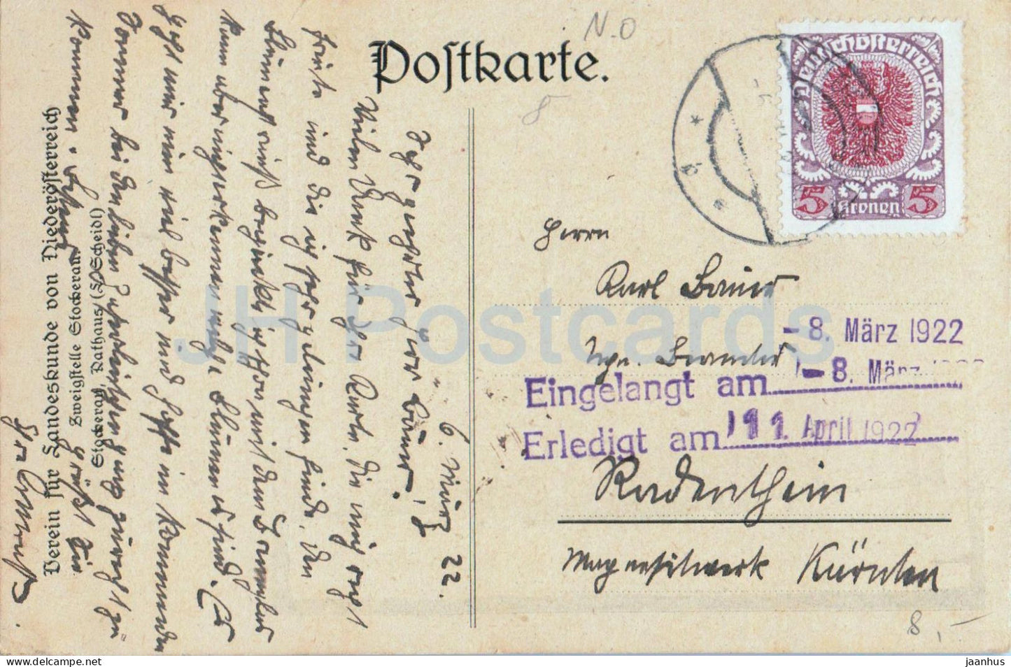 Stockerau Rathaus - Verein fur Landeskunde von Niederosterreich - town hall - old postcard - 1922 - Austria - used