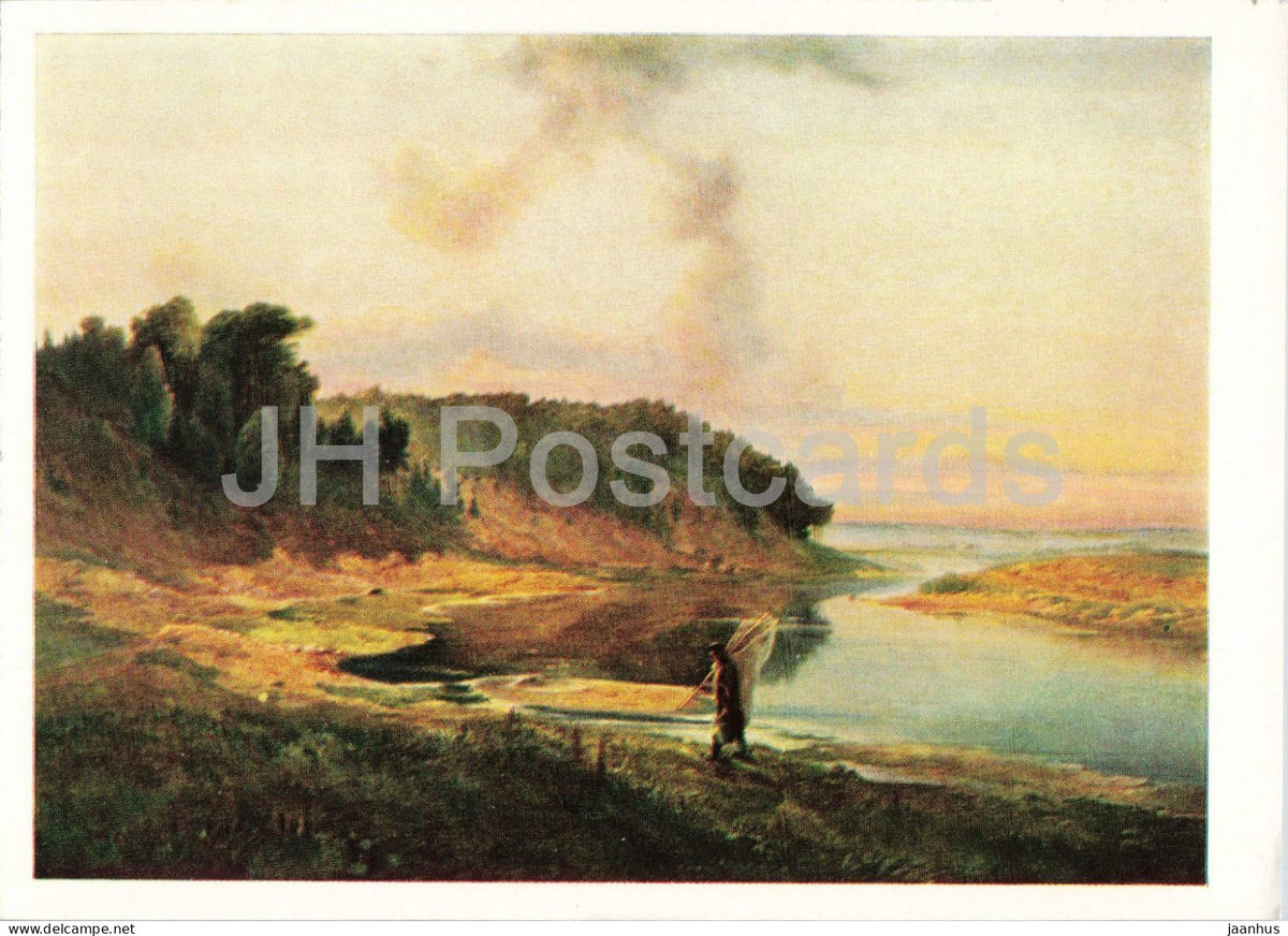 painting by Aleksey Savrasov - Landscape with River and Fisherman - Russian art - 1966 - Russia USSR - unused - JH Postcards