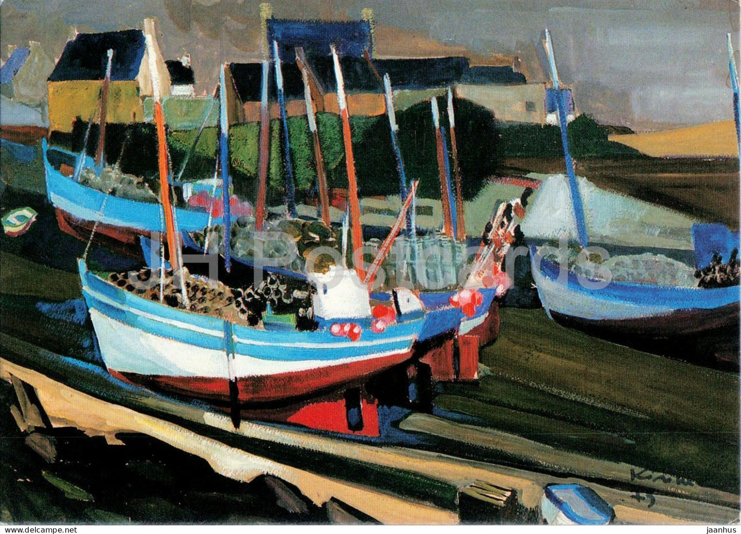 Kerinec - Lobster Boats of Mogueriec - gouache - French art - boat - ship - art postcard - 1970s - France - unused - JH Postcards