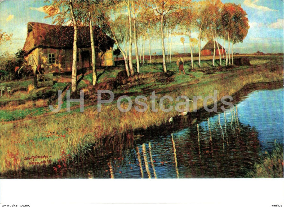 painting by Otto Modersohn - Autumn Morning at the Moor Canal - Herbstmorgen am Moorkanal - Germany - unused - JH Postcards