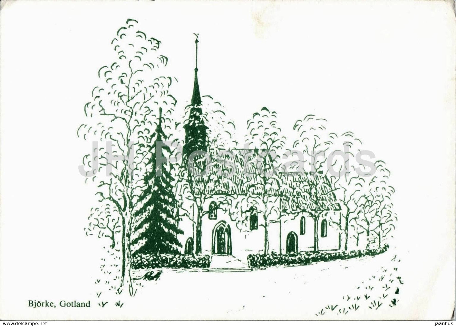 Bjorke - Gotland - Bjorke Church - church - illustration - art postcard - architecture - 1980s - Sweden - unused - JH Postcards
