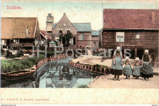 Marken - village - canal, traditional costume - children - old postcard - Netherlands - unused - JH Postcards