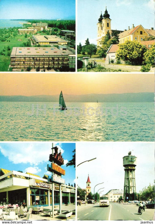 Greetings from Lake Balaton - church - shop - multiview - 1977 - Hungary - used - JH Postcards
