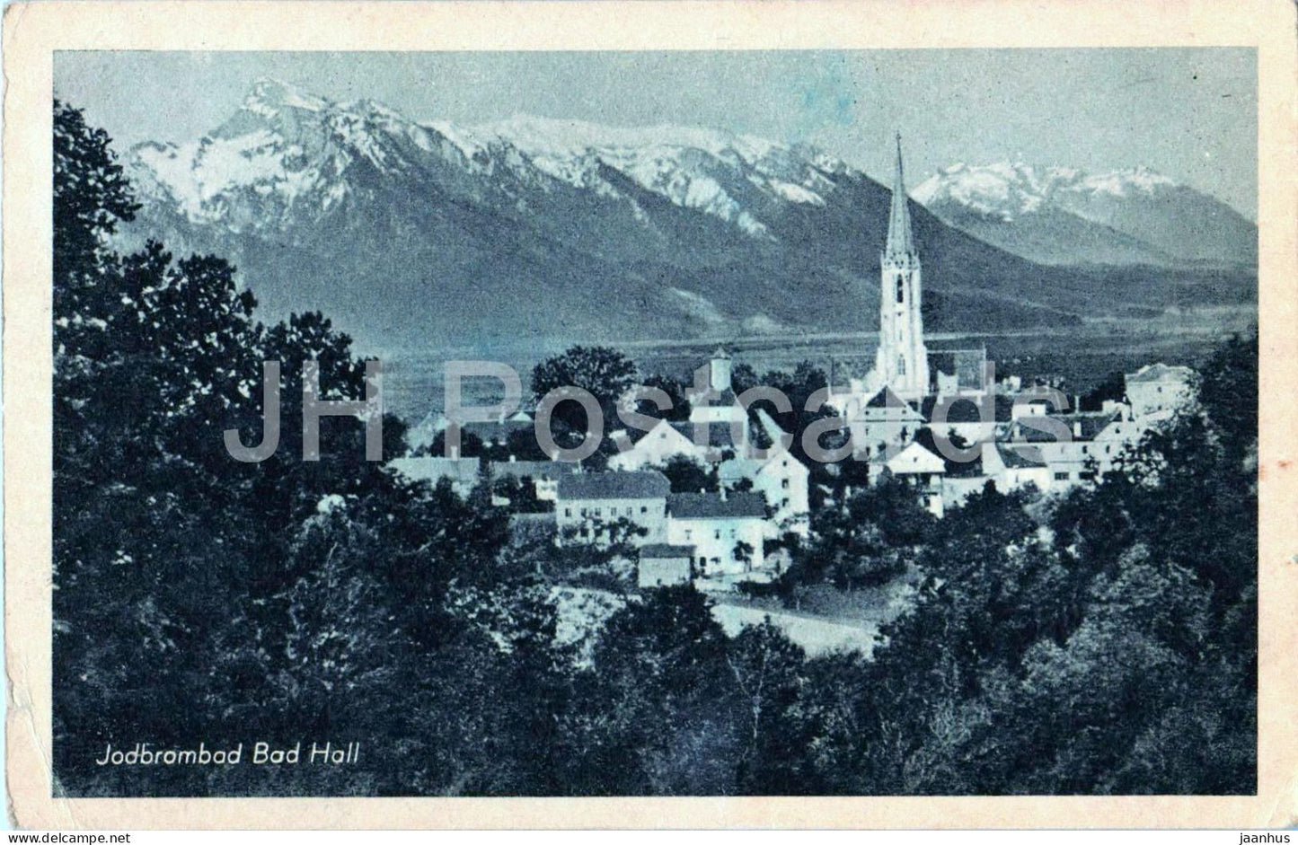 Jodbrambad Bad Hall - church - mountains - town view - Nr. 1 - old postcard - 1943 - Austria - used - JH Postcards