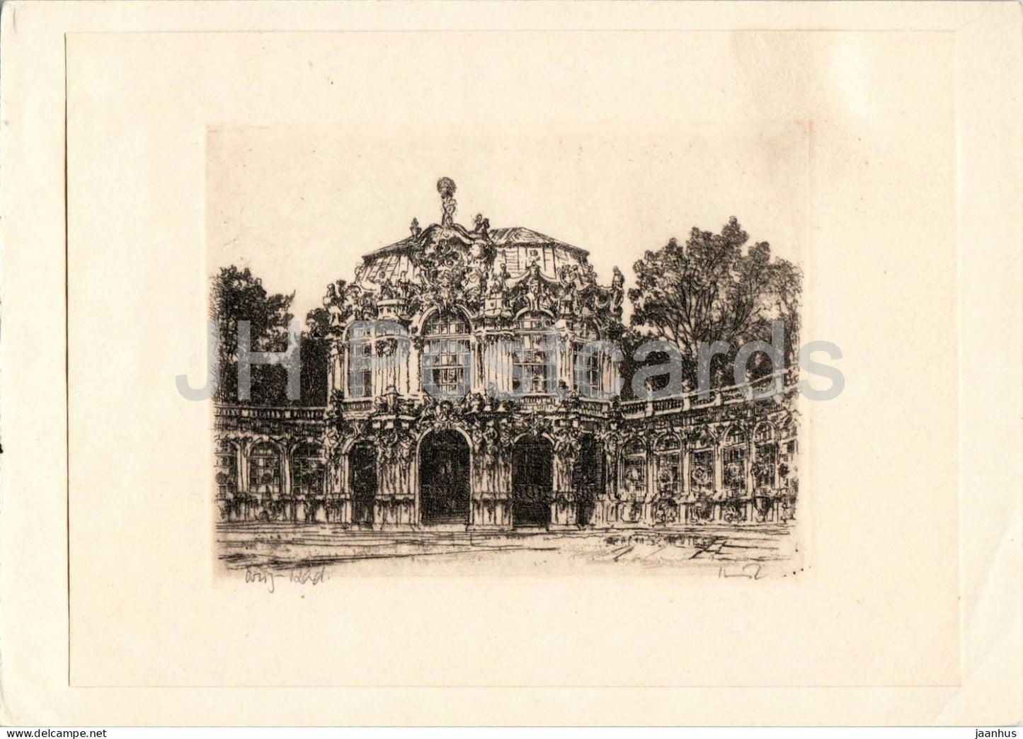 Dresden - Zwinger Palace - architectural drawing - illustration - German art - architecture - 1956 - Germany - used - JH Postcards