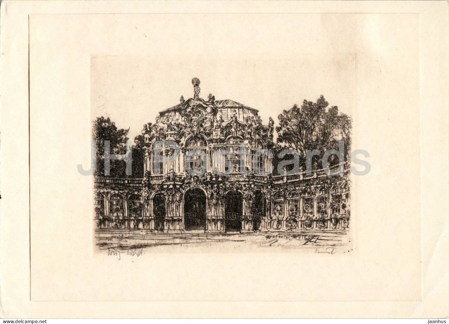 Dresden - Zwinger Palace - architectural drawing - illustration - German art - architecture - 1956 - Germany - used - JH Postcards