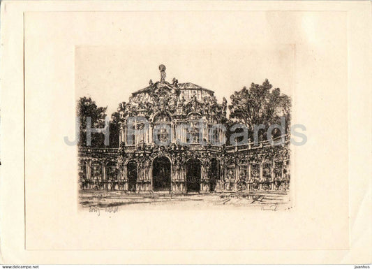 Dresden - Zwinger Palace - architectural drawing - illustration - German art - architecture - 1956 - Germany - used - JH Postcards