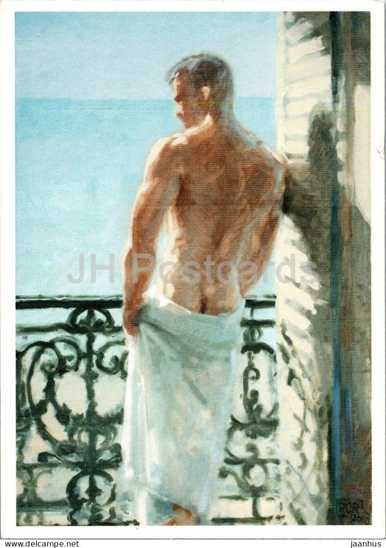 painting by Robert C. Rore - The Balcony - Der Balkon - male nude - naked - German art - 2003 - Germany - unused - JH Postcards