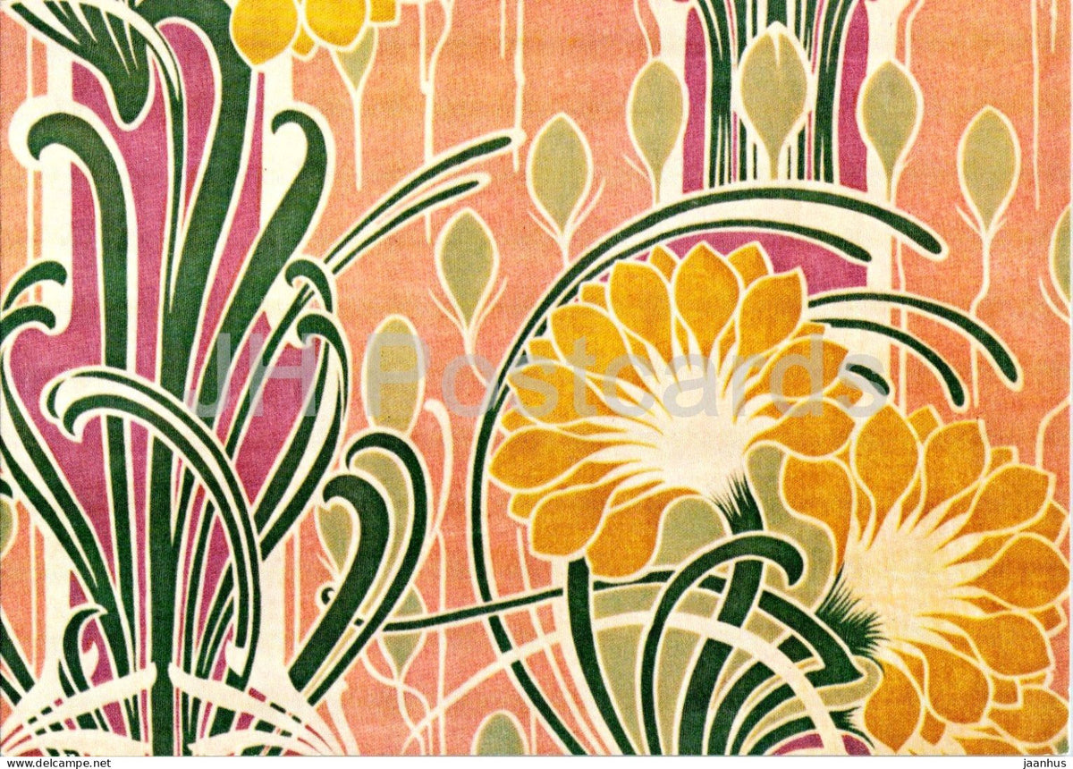 printed velvet textile - Art Nouveau floral pattern - Bedruckter Samt - Textilmuseum Krefeld - Germany - used - JH Postcards