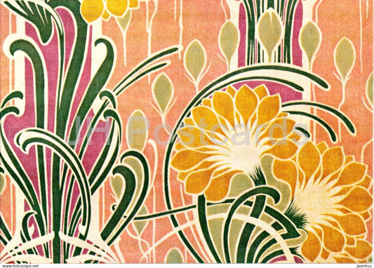 printed velvet textile - Art Nouveau floral pattern - Bedruckter Samt - Textilmuseum Krefeld - Germany - used - JH Postcards