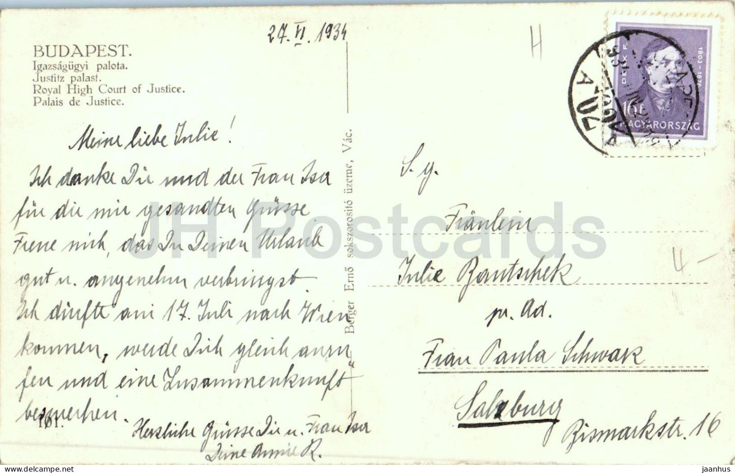 Budapest - Königlicher Justizpalast - Igazsagugyi palota - Palast - alte Postkarte - 1934 - Ungarn - gebraucht