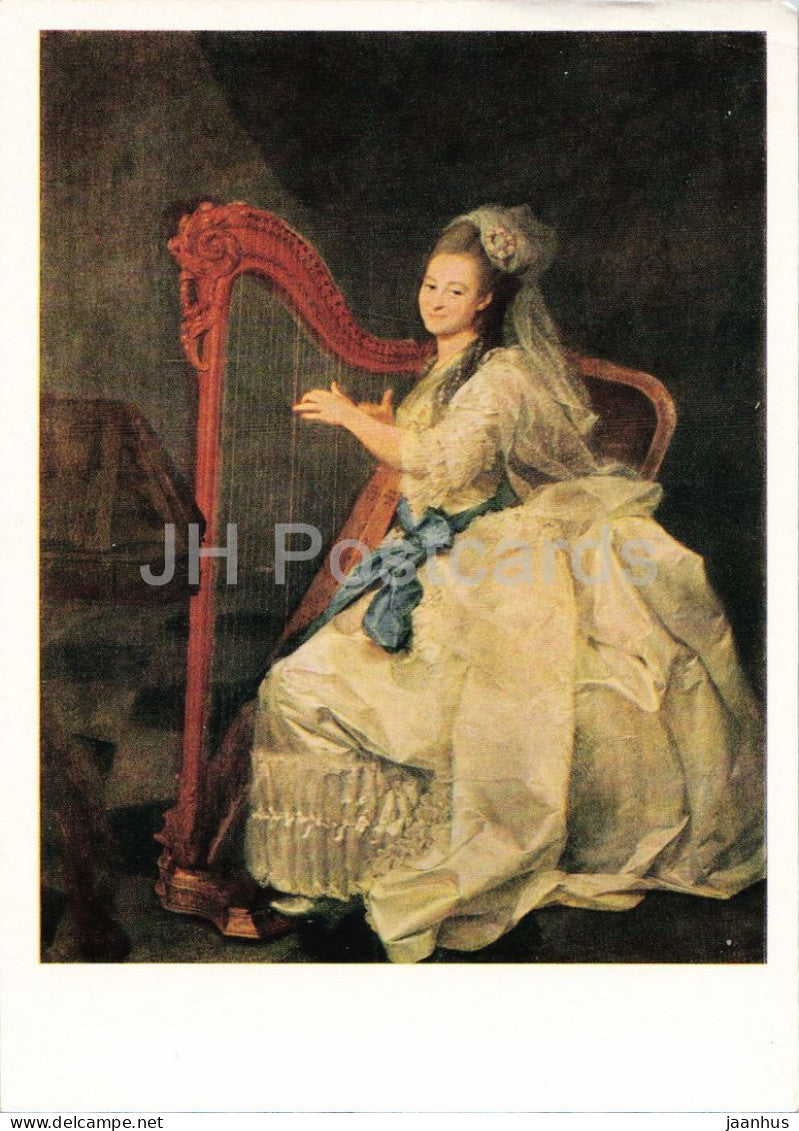 painting by Dmitry Levitsky - Portrait of G. I. Alymova - harp - Russian art - 1963 - Russia USSR - unused - JH Postcards
