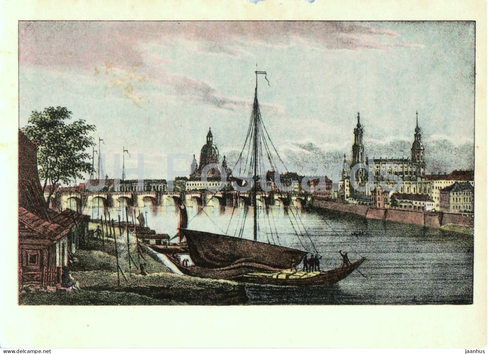 painting by Poppelmann - Dresden - Elbufer - view from the right bank of the Elbe - German art - 1955 - Germany - used - JH Postcards