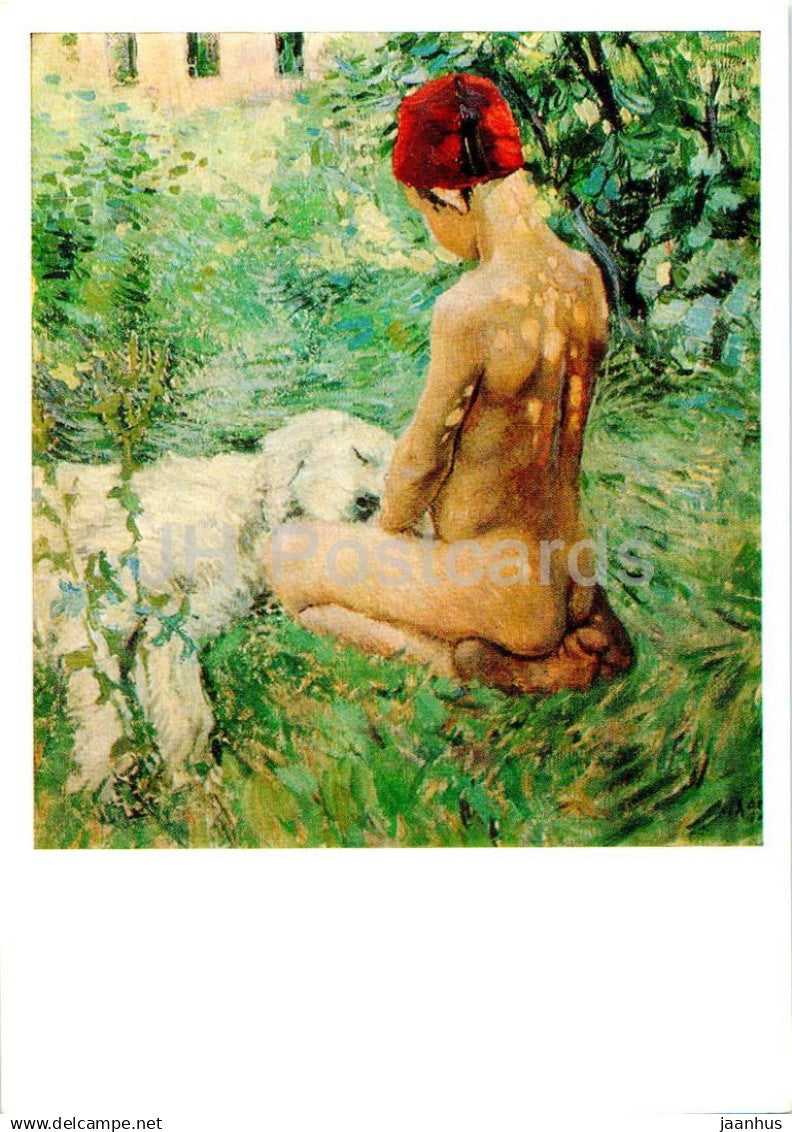 painting by V. Borisov-Musatov - Boy with dog - nude - naked - animals - Russian art - 1976 - Russia USSR - unused - JH Postcards