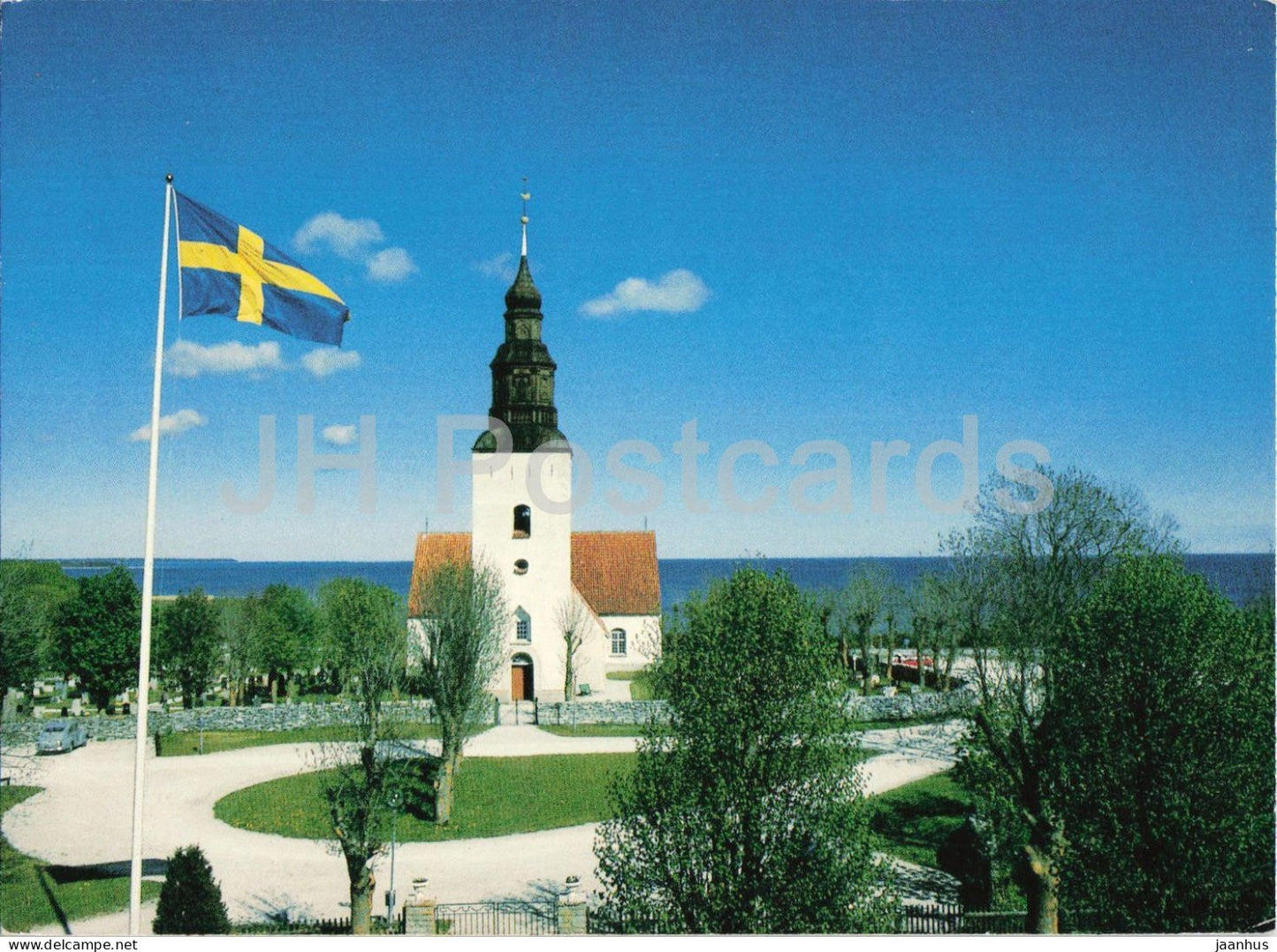 Faro - Faro Church - Swedish flag sea view - 9667 - architecture - landscape - 1990s - Sweden - unused - JH Postcards