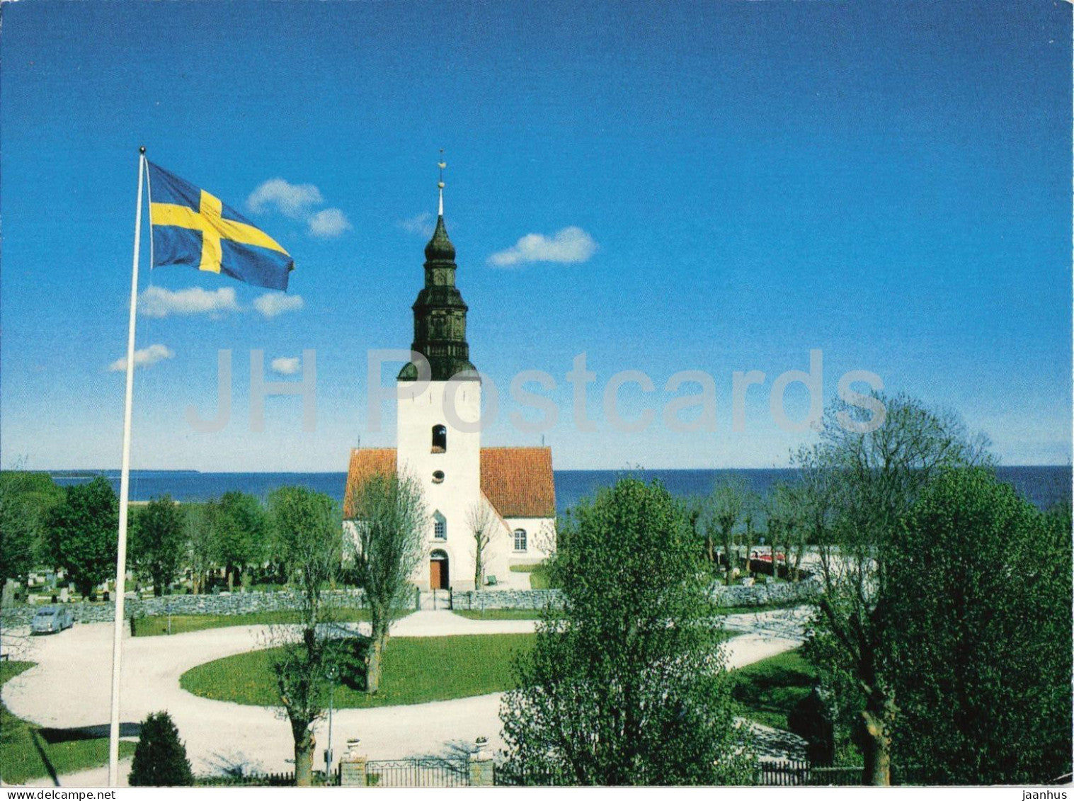 Faro - Faro Church - Swedish flag sea view - 9667 - architecture - landscape - 1990s - Sweden - unused - JH Postcards