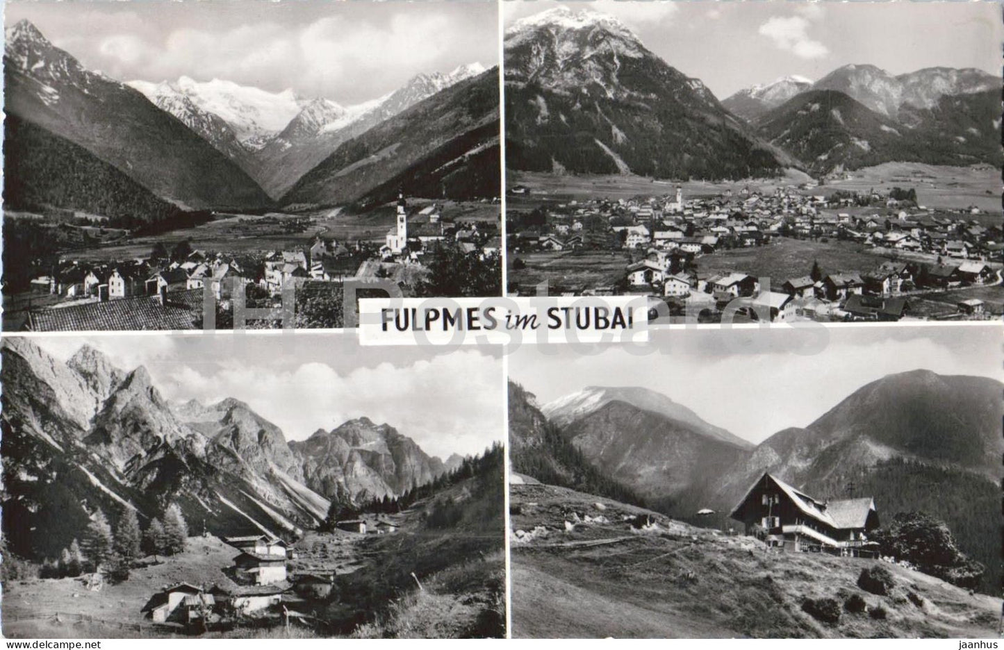 Fulpmes im Stubai - village panorama - Alps - mountain landscape - multiview 6592 - old postcard - 1953 - Austria - used - JH Postcards