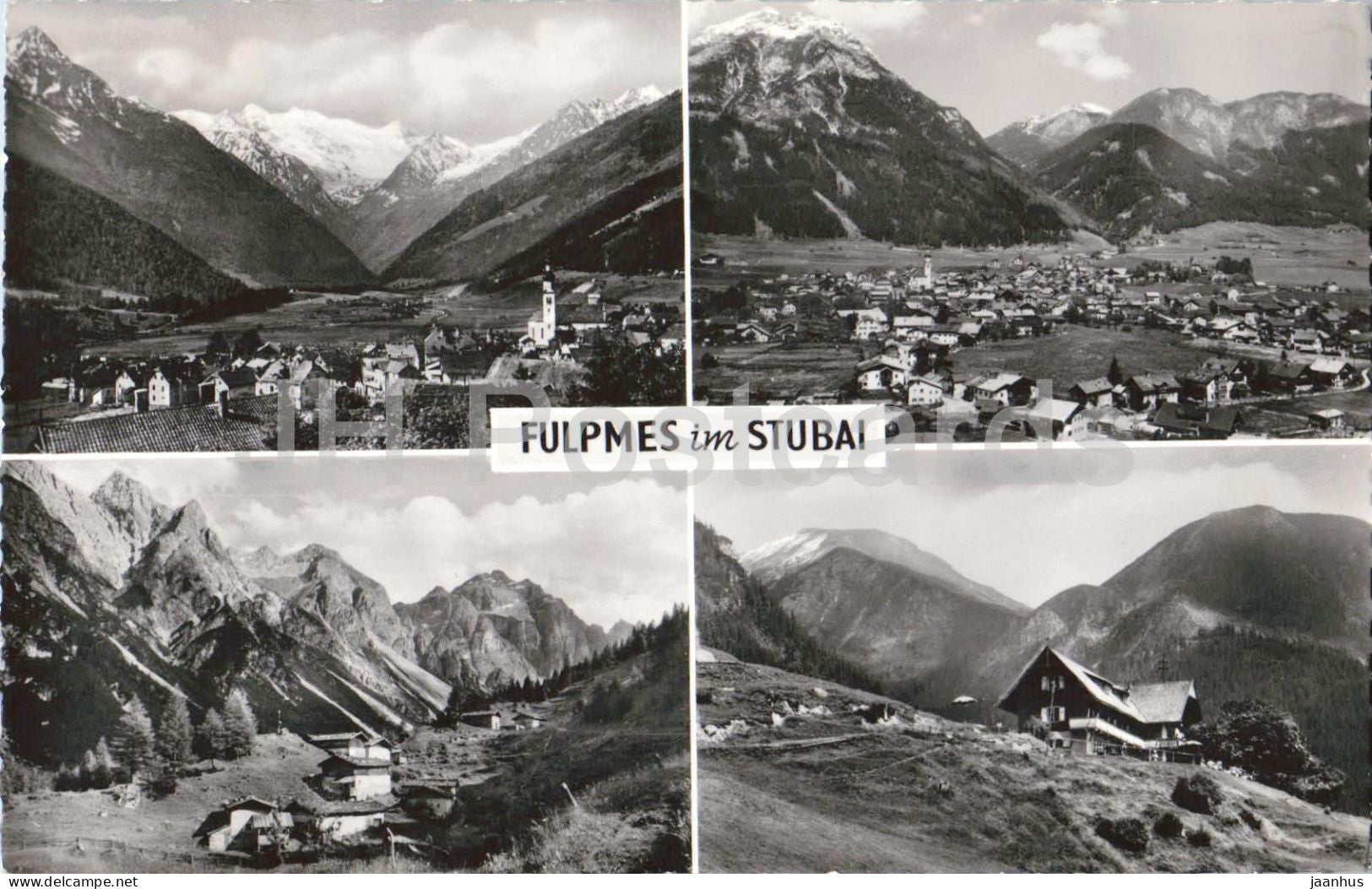 Fulpmes im Stubai - village panorama - Alps - mountain landscape - multiview 6592 - old postcard - 1953 - Austria - used - JH Postcards