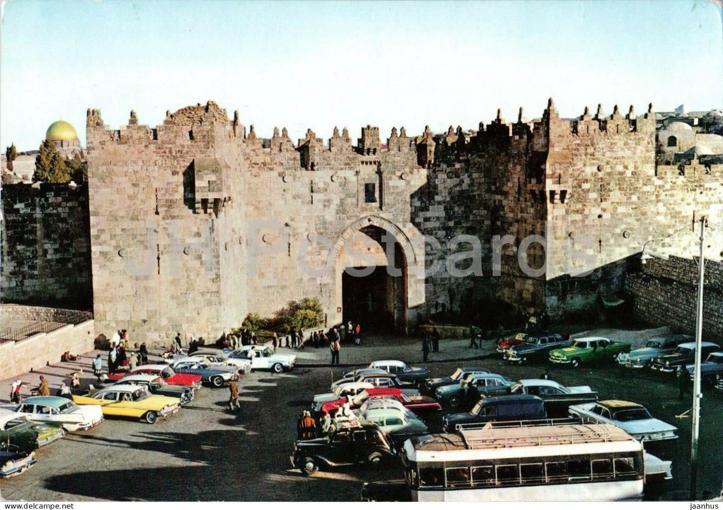Damascus Gate - Jerusalem old city gate - car - bus - 92 - old postcard - Jordan - Israel - unused - JH Postcards