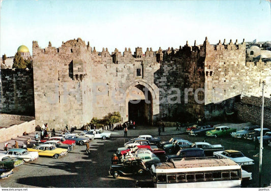 Damascus Gate - Jerusalem old city gate - car - bus - 92 - old postcard - Jordan - Israel - unused - JH Postcards