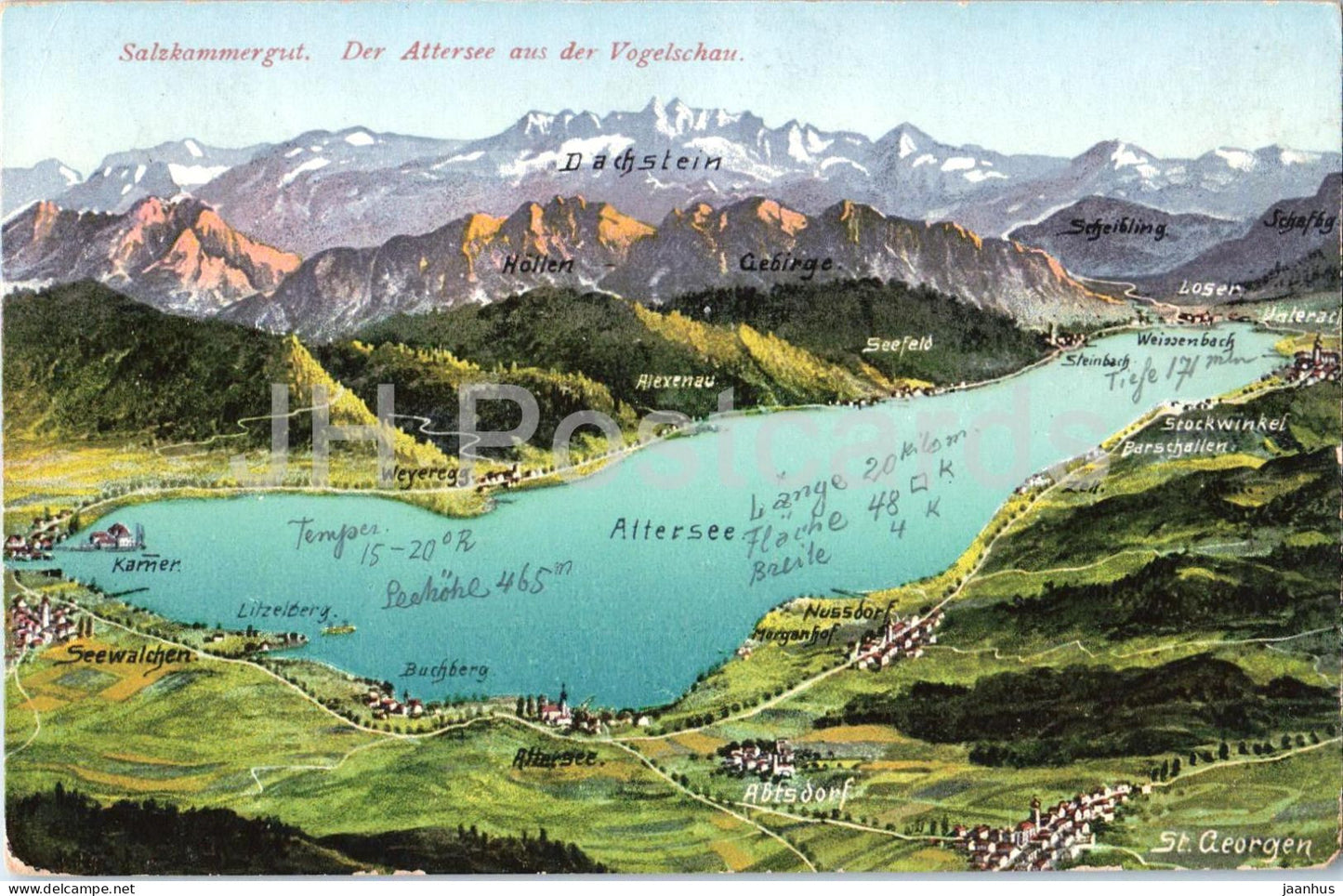 Salzkammergut - Der Attersee aus der Vogelschau - lake - mountains - Alps - 1300 - old postcard - 1927 - Austria - used - JH Postcards