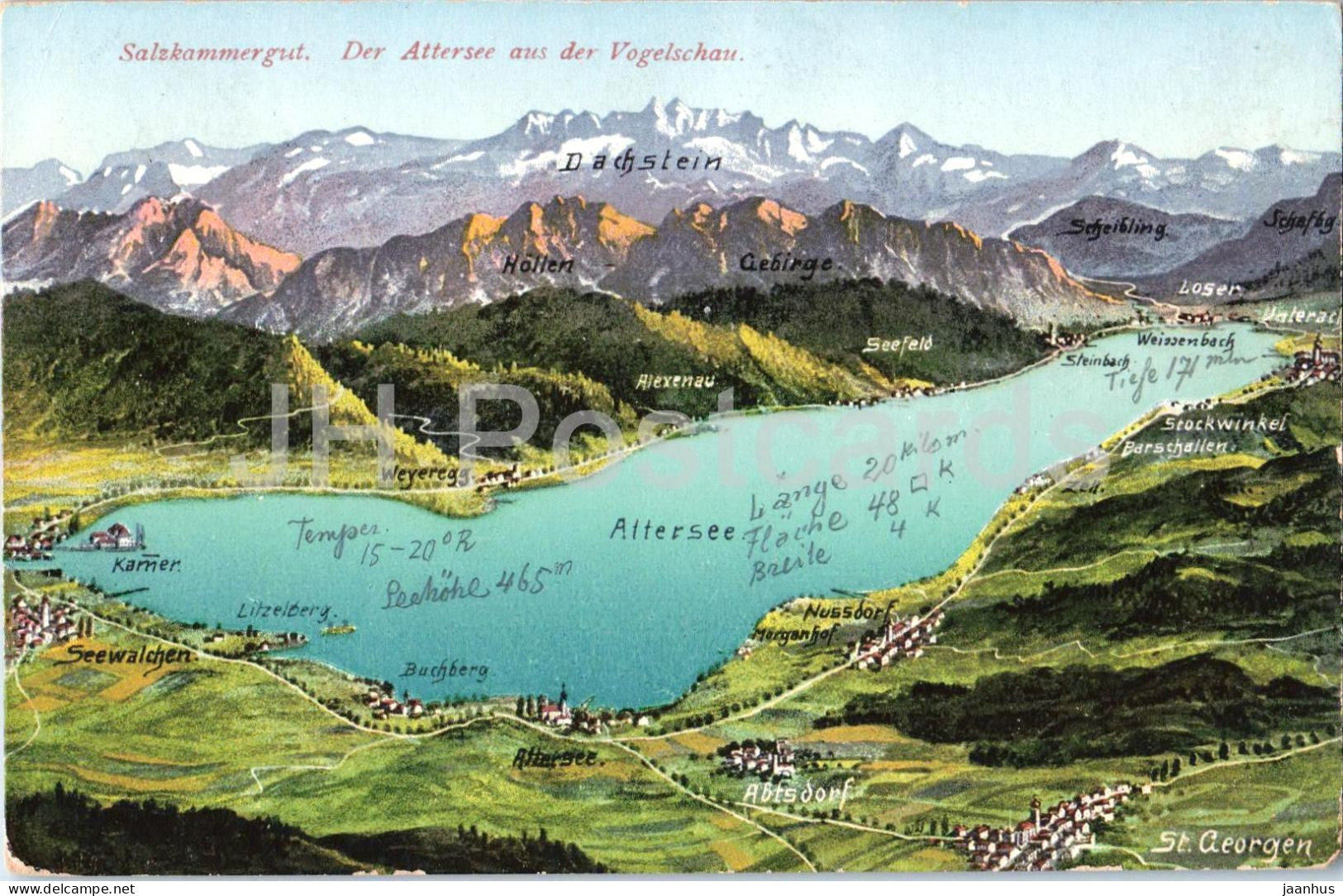Salzkammergut - Der Attersee aus der Vogelschau - lake - mountains - Alps - 1300 - old postcard - 1927 - Austria - used - JH Postcards