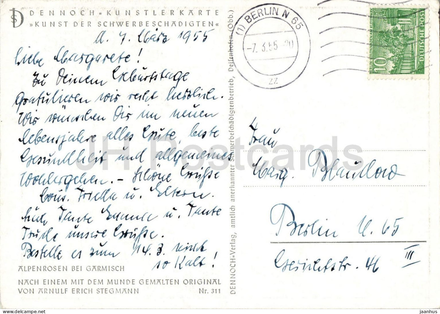 painting by Arnulf Erich Stegmann - Alpine Roses near Garmisch - German art - old postcard - 1955 - Germany - used