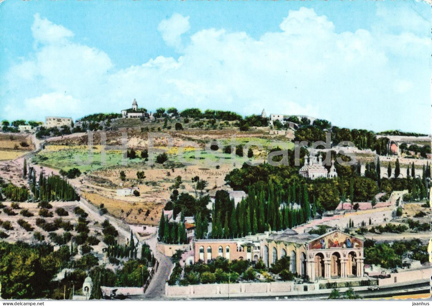 Jerusalem - Gethsemane and Mount of Olives - church garden view - 15 - old postcard - Jordan - Israel - unused - JH Postcards